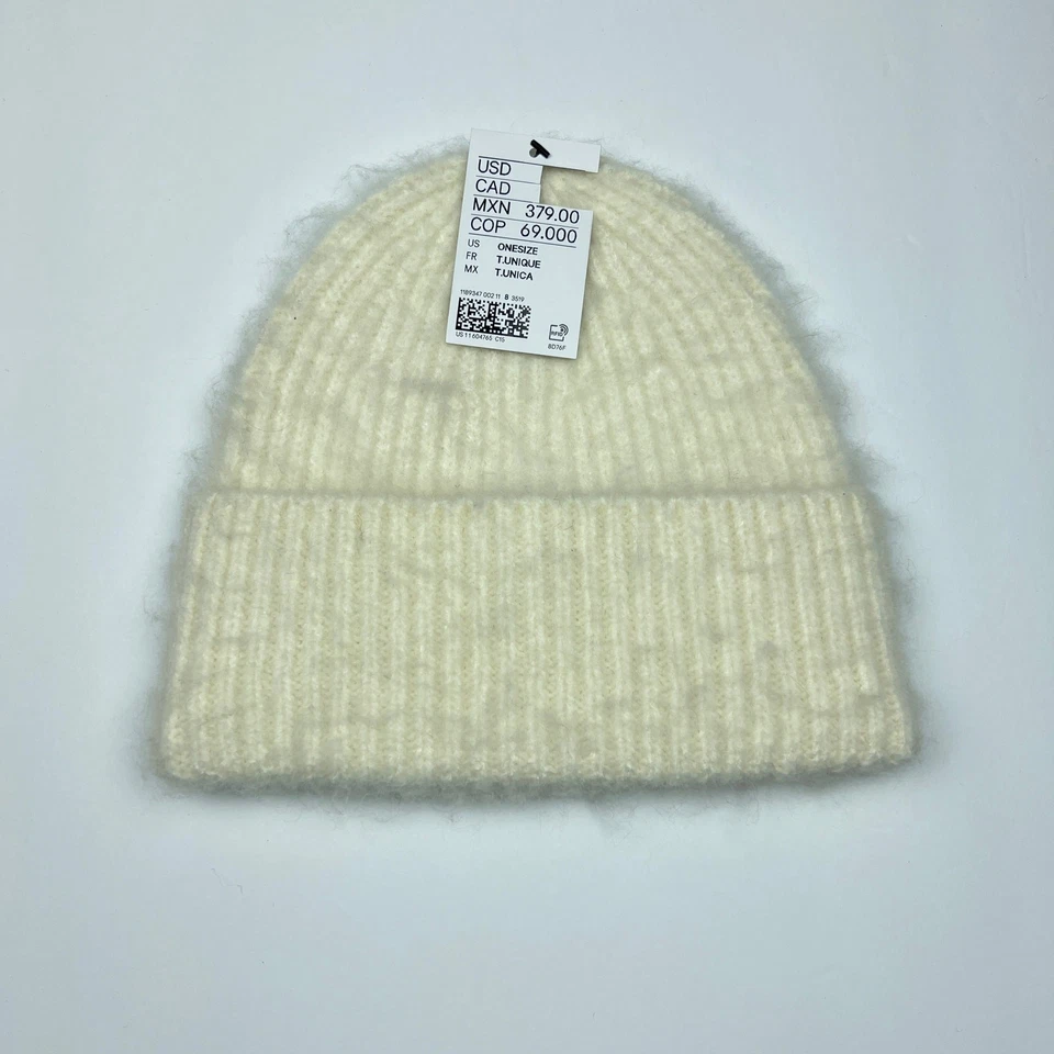 NOVO CHAPÉU GORRO FEMININO H&M malha canelada lã alpaca creme robusto aconchegante pelúcia difusa - Imagem 1 de 4