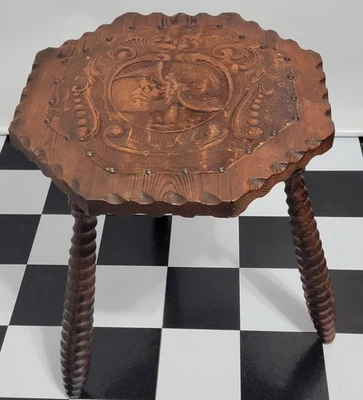 Vintage Hand Carved Wood Table w/ Embossed Leather Knight Top & Spiral Legs - Image 1 of 4