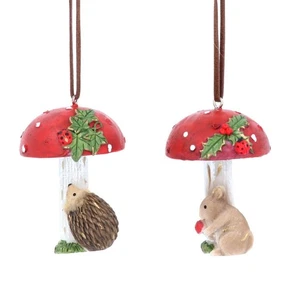 Gisela Graham Set of Two Woodland Animals on Toadstools Christmas Decorations - Picture 1 of 1