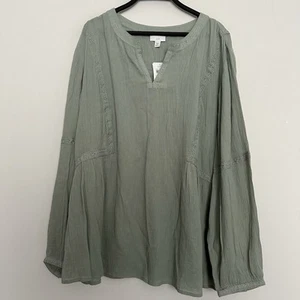 J Jill Plus Size 3X Gauzy Peasant Top V Neck Long Sleeve Lace Trim Mineral NWT - Picture 1 of 8
