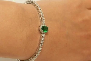 8CT Oval Cut Lab Created Emerald Diamond Tennis Bracelet 14K White Gold Plated - Picture 1 of 4