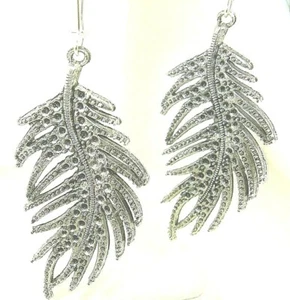New Large Elegant Beaded FEATHER Design dark Silver-tone Dangle Earrings 3" Long - Picture 1 of 3