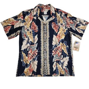 NWT Hilo Hattie Hawaiian Shirt Button Up Size XL Navy Blue Tropical Leaf Print - Picture 1 of 8