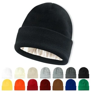 Satin Lined Beanie for Women Men Winter Hat Silk Lining Warm Cuffed Beanie Kn... - Picture 1 of 7