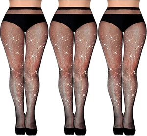 3 Pcs Rhinestone Fishnet Stockings Glitter Fishnet Tights High Waist Mesh Stocki - Picture 1 of 12
