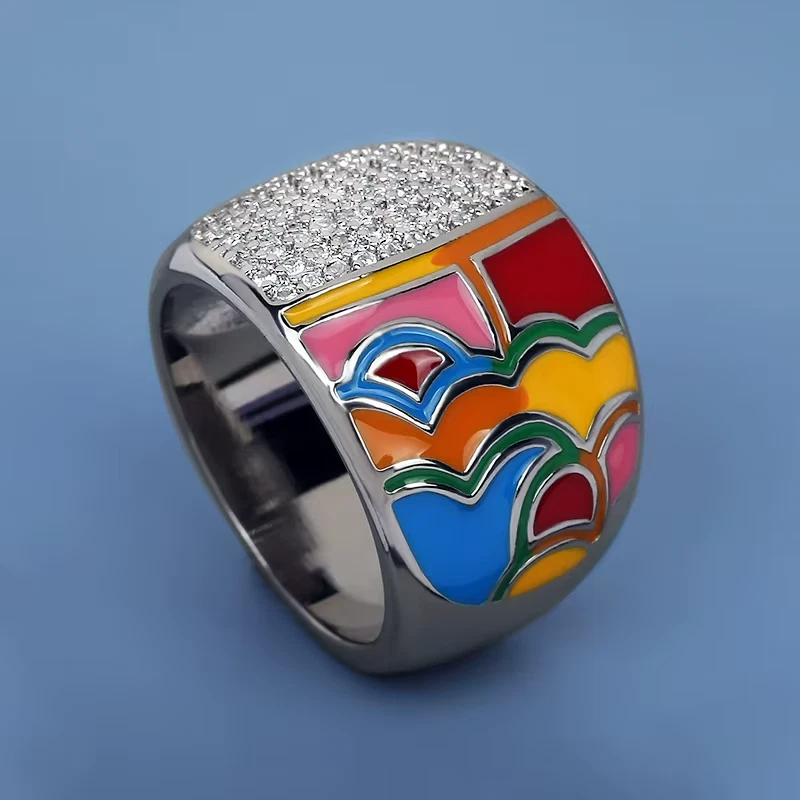Anillo de plata de ley 925 esmalte multicolor circonita cúbica banda ancha talla 6-10 Foto 1 de 4