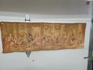 VINTAGE / ANTIQUE TAPESTRY MADE IN BELGIUM 56 IN X 19 IN VICTORIAN PARTY SCENE - Picture 1 of 8