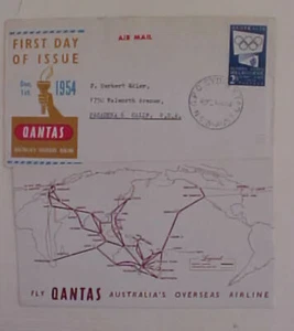AUSTRALIA  FDC 1954 DEC 1 QANTAS BLUE SYDNEY WITH OLYMPIC CACHET - Picture 1 of 1