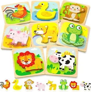 Wooden Puzzles for 1-3 Year Old, 8 Animal Puzzles, Montessori Learning Toys - Picture 1 of 6
