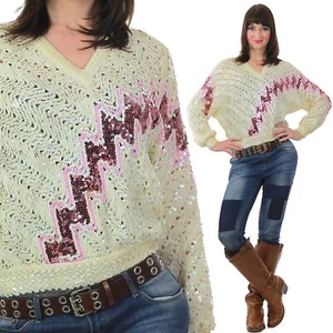 Vintage VTG 80s Sequin Sweater Abstract metallic Pink Glitter Glam Pullover - Picture 1 of 5