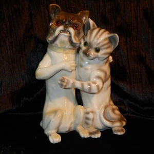 Bulldog Tabby Gatto Tabby In Porcellana Antico Alto BANCA Vetro Occhi 11" Cane Doppio Vintage - Foto 1 di 8