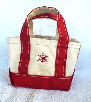 LL Bean Boat & Tote Bag Mini Red & Natural Canvas Snowflake Embroidery USA - Image 1 of 4