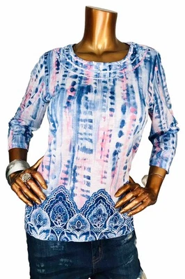 Alfred Dunner S Top Stretch NWT $56 Tie Dye Prints Studded Blouse 3/4 Slvs Crew - Image 1 of 4