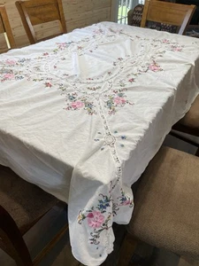 Cross Stitch TABLECLOTH Vintage RECTANGLE 61" x 79" Cotton Linen FLORAL Handmade - Picture 1 of 5