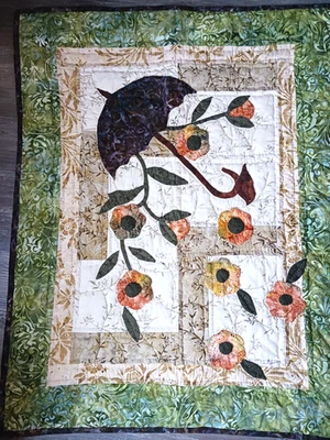 Handmade Applique Throw Quilt Umbrella Raining Flowers Wall Hanging 32 x 42"Gree - Image 1 of 4