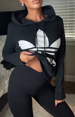 adidas SEXY LOGO Black Pocket LONG Stretch Hoodie Hood Sweatshirt Top XS - Image 1 of 4