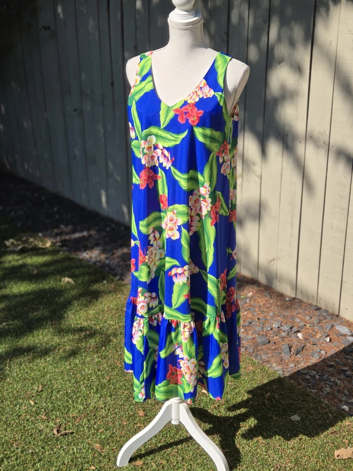 Vestido midi vintage HILO HATTIE'S azul hawaiano mediano caftán resort poliéster Foto 1 de 4