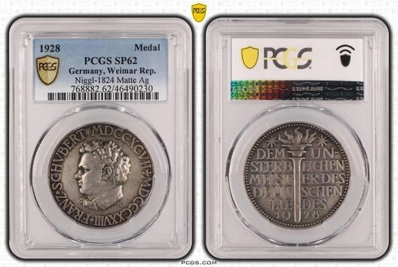 Germany Weimar 1928 Silver Medal Composer Franz Schubert PCGS SP62 Flames - Image 1 of 1
