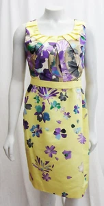 NEW VERSACE 44 8 Floral Print Dress Yellow Silk Belted Purple Lined Flowers - Picture 1 of 11