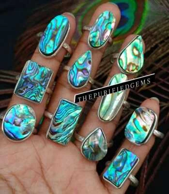 Lote de anillos de cristal con cáscara de abulón natural ~ anillos hechos a mano ~ anillos con bisel ~ regalo hippie ~ Foto 1 de 2