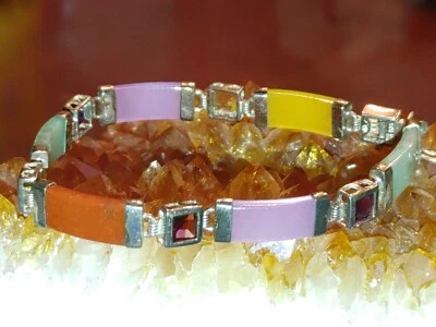 Браслет из стерлингового серебра с разноцветными жадеитами и драгоценными камнями с маркировкой 925 Гонконг M - Изображение 1 из 4