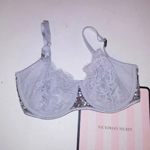 Victoria Secret Bra Push up Without Padding 32DDD Gray Silver Sequin Bling Lace - Picture 1 of 5