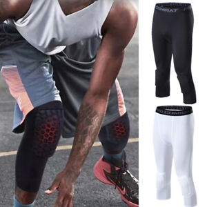 Men's Basketball Sports Tight Pants ¾ Compression Workout Leggings w/Knee Pads