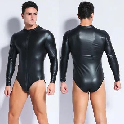 Men sexy Long sleeves PU leather Bodystuit Jumpsuits party Dress catsuit Costume - Image 1 of 4