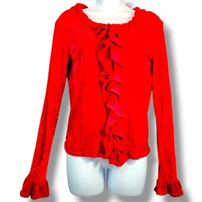 Vintage Crushed Red Silk Velvet Blouse Ruffle Top Size M/L Long Sleeve Stretch  - Imagem 1 de 4