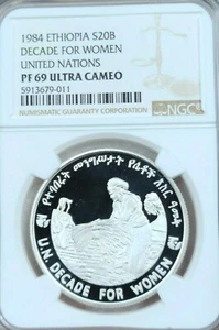 1984 ETHIOPIA SILVER 20 BIRR DECADE FOR WOMEN NGC PF 69 ULTRA CAMEO RARE TOP POP - Picture 1 of 4