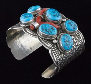 Natural Kingman Turquoise & Branch Coral Bracelet By Navajo Artist Tillie Jon - Picture 1 of 6
