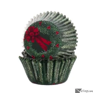 Christmas Festive Wreath Baking Cups 3" Paper Cupcake Liners, 50 CT, Green Red - Picture 1 of 3