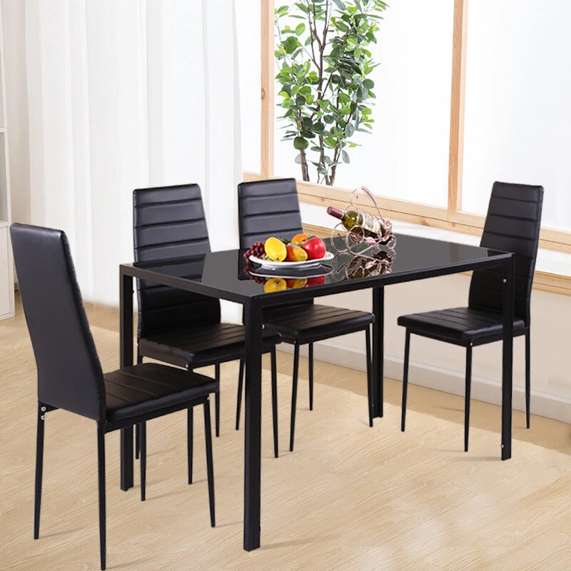120/140cm Glass Dining Table Set 4 6 Chairs Black Faux Leather Kitchen Furniture - Image 1 of 1