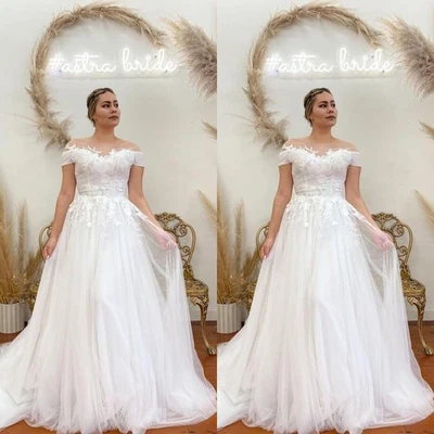 Elegant Wedding Dresses Off The Shoulder Lace Appliques Sweep Train Bridal Gown - Image 1 of 4