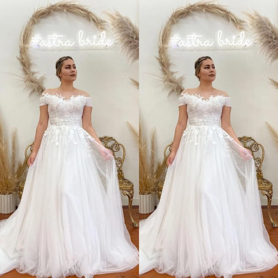 Elegante Vestidos de Novia Fuera del Hombro Apliques de Encaje Barrido Tren Vestido de Novia Foto 1 de 4