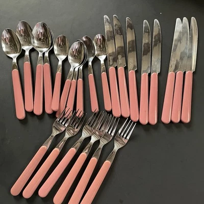 24 Vintage NIC Edelstahl Besteck 70er 80er Modern Rose Kunststoffgriffe Retro - Bild 1 von 2