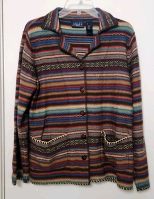 Crazy Horse Striped Acrylic Wool Blend Button Front Cardigan Jacket Pockets Sz L - Image 1 of 4