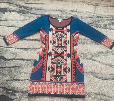 Vestido Suéter Geométrico Tejido Tomate Volador Usado en Excelente Condición Mini Boho Hippy Suroeste Talla S Foto 1 de 4