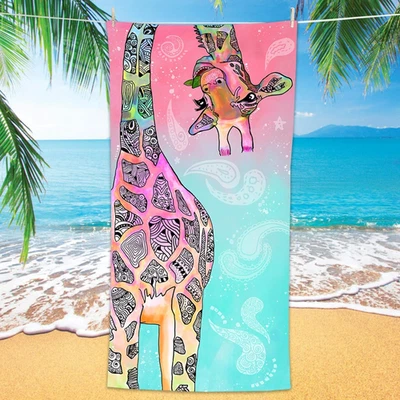 Giraffe Beach Towel, Cute Funny Teal Pink Mandala Giraffe Microfiber Bath Towel  - Image 1 of 4