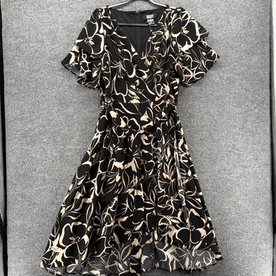 Vestido DKNY Talla 14 Negro Floral Imitación Envoltura Fluido Boho Cottagecore Campesino Modesto Foto 1 de 4