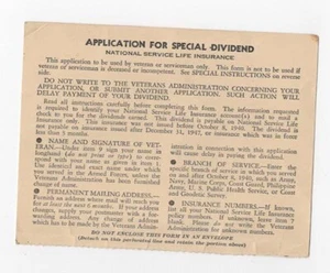 Vtg WWII Application Special Dividend National Service Life Insurance Inst. Card - Picture 1 of 2