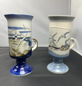 Otagiri Pair Of Irish Coffee Pedestal Mugs Stoneware Nautical Hand Painted - Picture 1 of 7