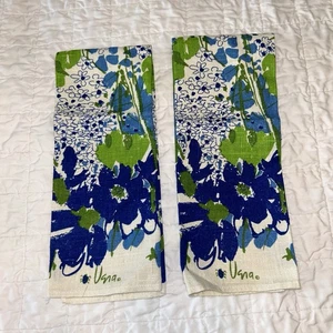 2 Vera Neumann Tea Towels Flowers Blue Green EUC 100% Linen - Picture 1 of 7