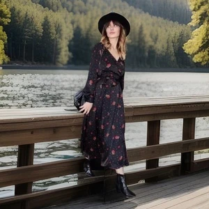 Marks & Spencer Per una BNWT black floral midi with belt dress Size 12 - Imagen 1 de 16