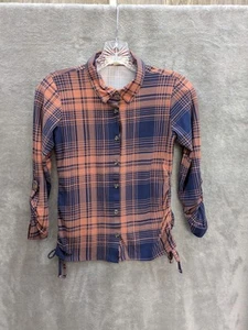 Girls Button Up Shirt L 14 Ruched Sides Roll Tab Sleeves Plaid - Picture 1 of 6