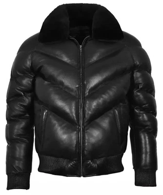 Chaqueta de cuero con cremallera acolchada de piel de zorro doble abrigo de piel de cordero de ganso para hombre V-Bomber Foto 1 de 4