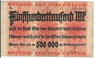 Kel:1415b.10 1923 Essen German Notgeld 500,000 mark note (world/lot) - Image 1 of 2