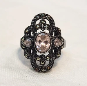 Vintage Art Deco Stil 925 Sterling rosa Edelstein & Markasit Ring Größe 7,5" - Bild 1 von 7