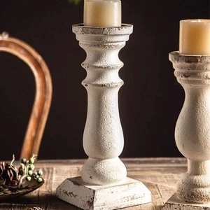 French Country Pillar Candle Holder Distressed White Wood Metal 37.5cm - LARGE - Imagen 1 de 3