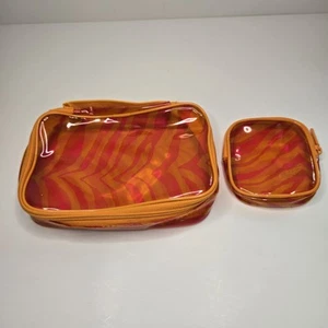2er Set Vintage Clinique Orange Rosa Zebramuster Reißverschluss Kosmetiktaschen Vinyl PVC - Bild 1 von 11